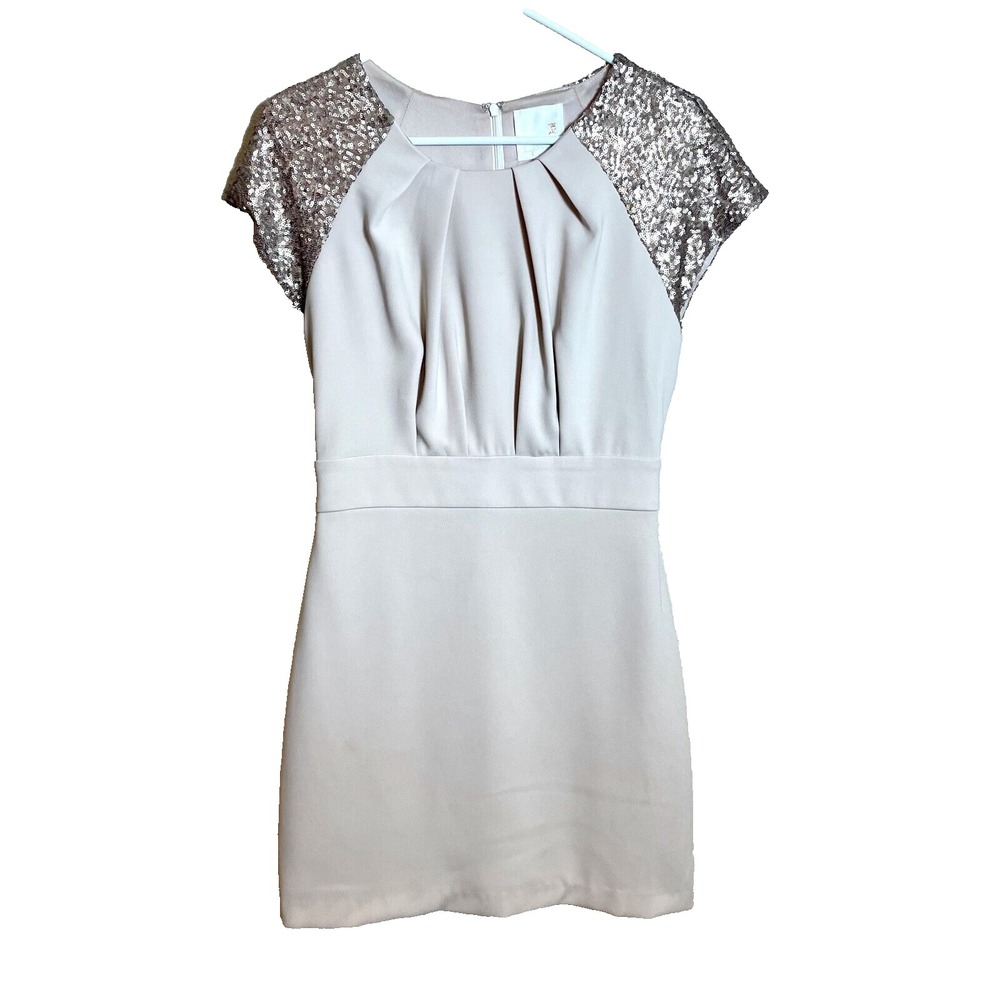 Line & Dot Cocktail Mini Dress Womens Small Cream Sequins‎ Pleated Short Sleeve